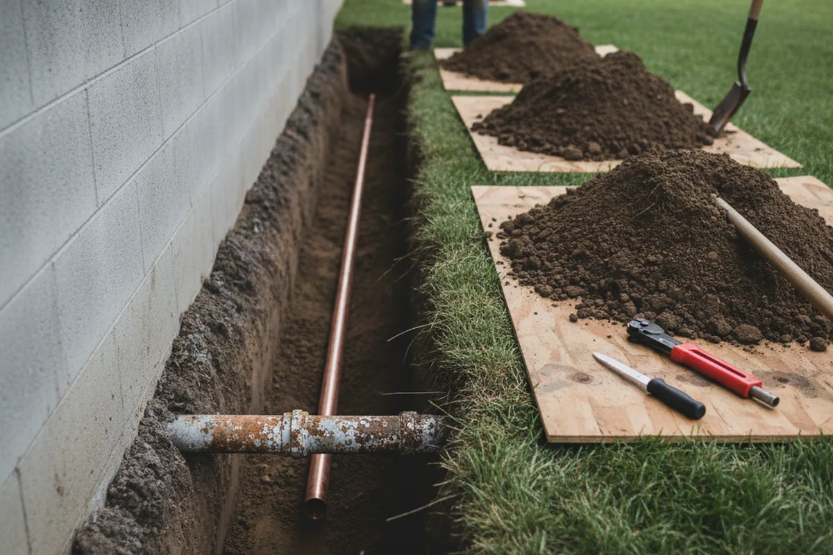 Excavated water line trench during Sewer Line Repair in Drewsville